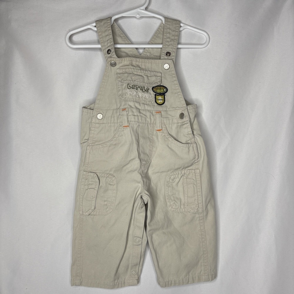 Vtg Faded Glory Baby 3/6 months Tan Overalls "Little‎ X-Plorer" Safari Traveler